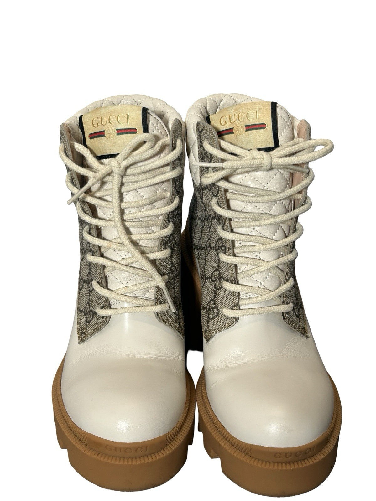 Gucci Calfskin GG Supreme Monogram Nappa Quilted Lace Up Ankle Boots