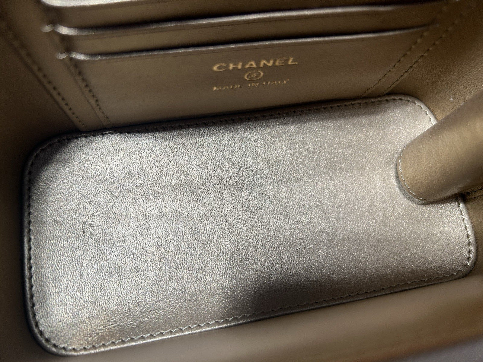 Chanel Lambskin Quilted Small Pearl Crush Vanity Case With Chain Grey