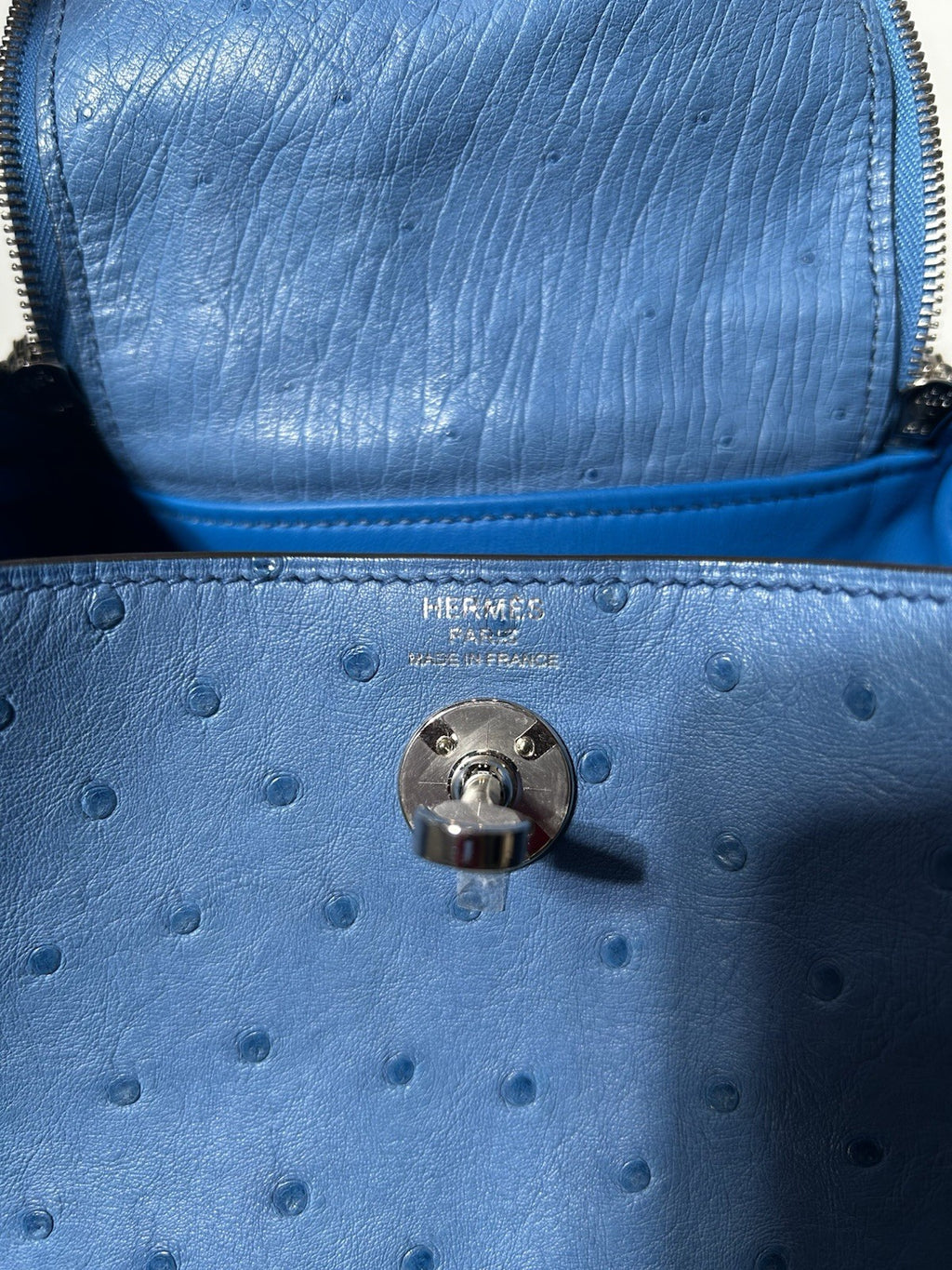 Hermes Lindy mini shoulder bag in Bleu France ostrich leather