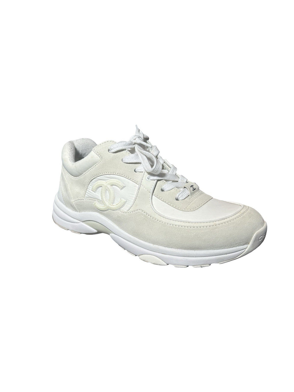 CHANEL Suede Calfskin Fabric CC Sneakers 42 White
