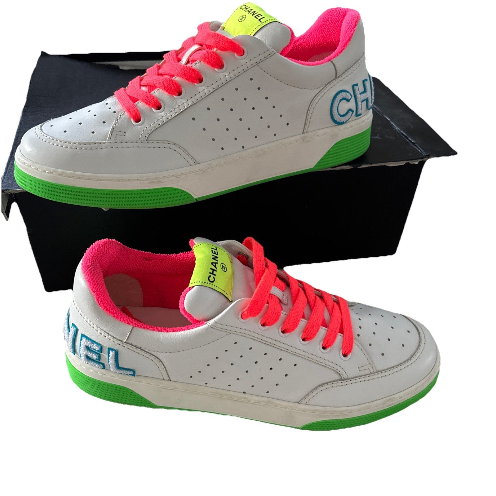 Chanel Logo 20P Multicolor White Lace Up Leather Sneaker Tennis Size 45 / US 12
