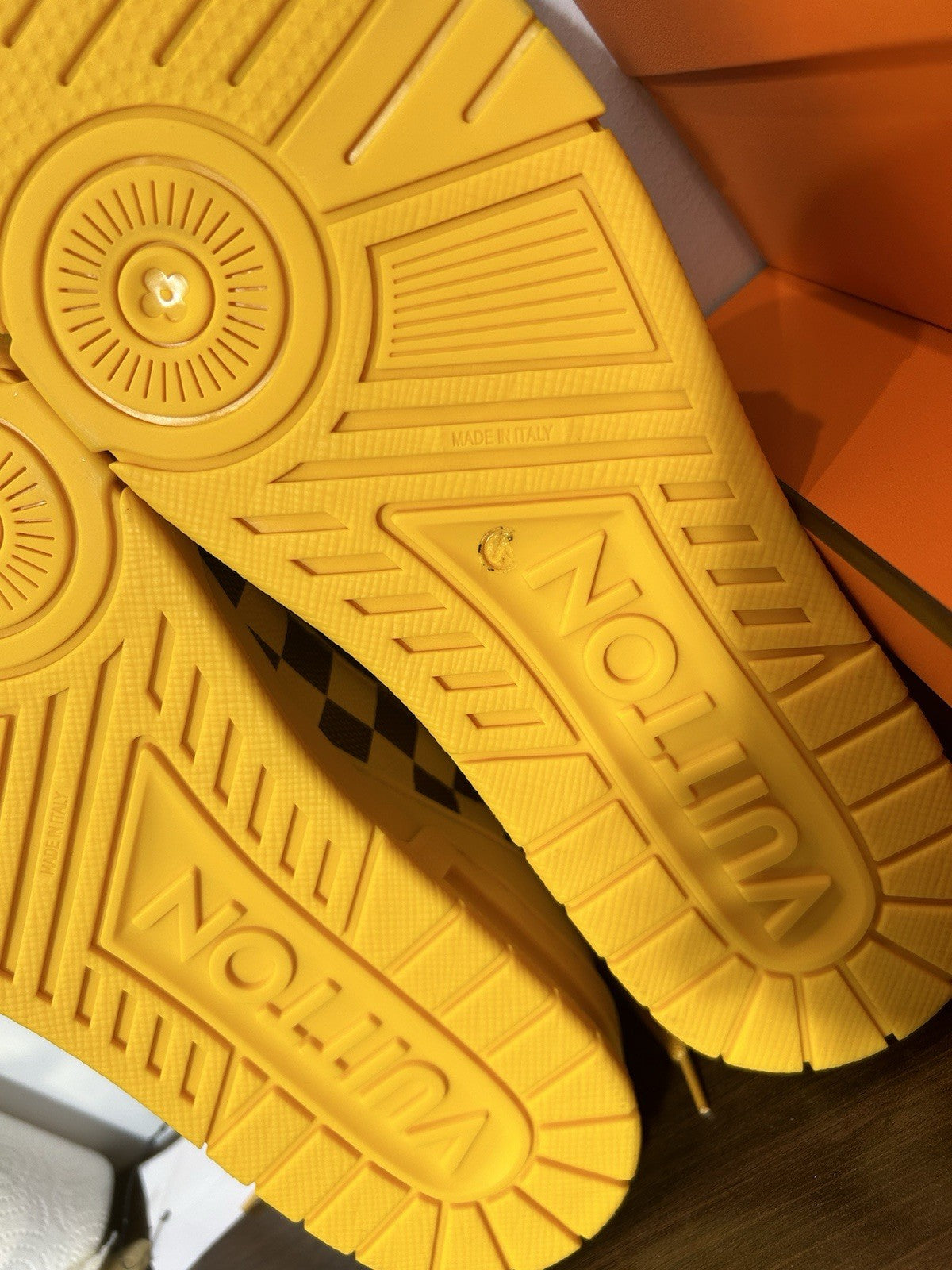 LOUIS VUITTON Damier Pop Grained Calfskin Mens LV Trainer Sneakers Yellow