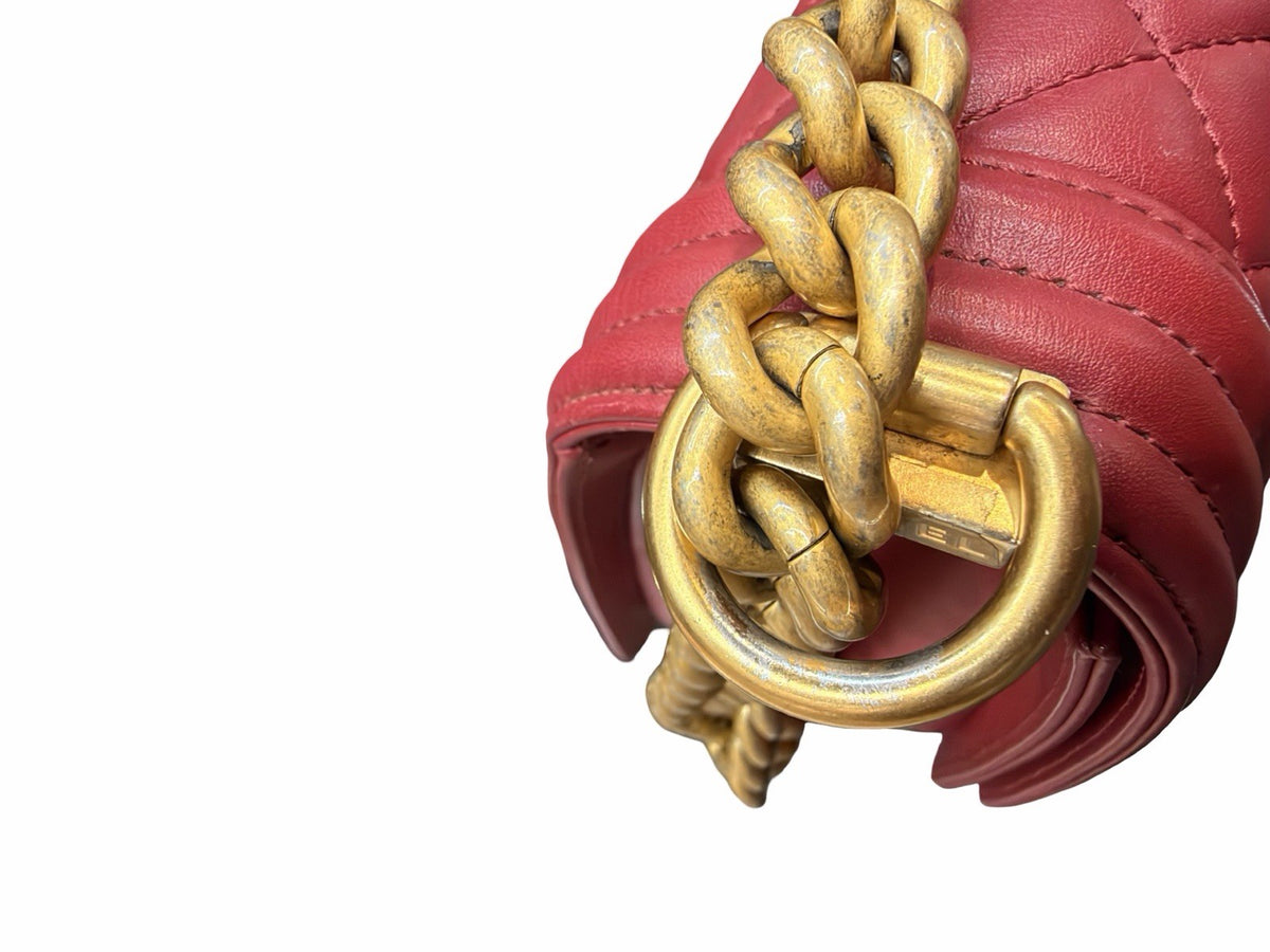 Chanel CC Medium Boy Bag  Red Leather Shoulder Bag Gold Hardware