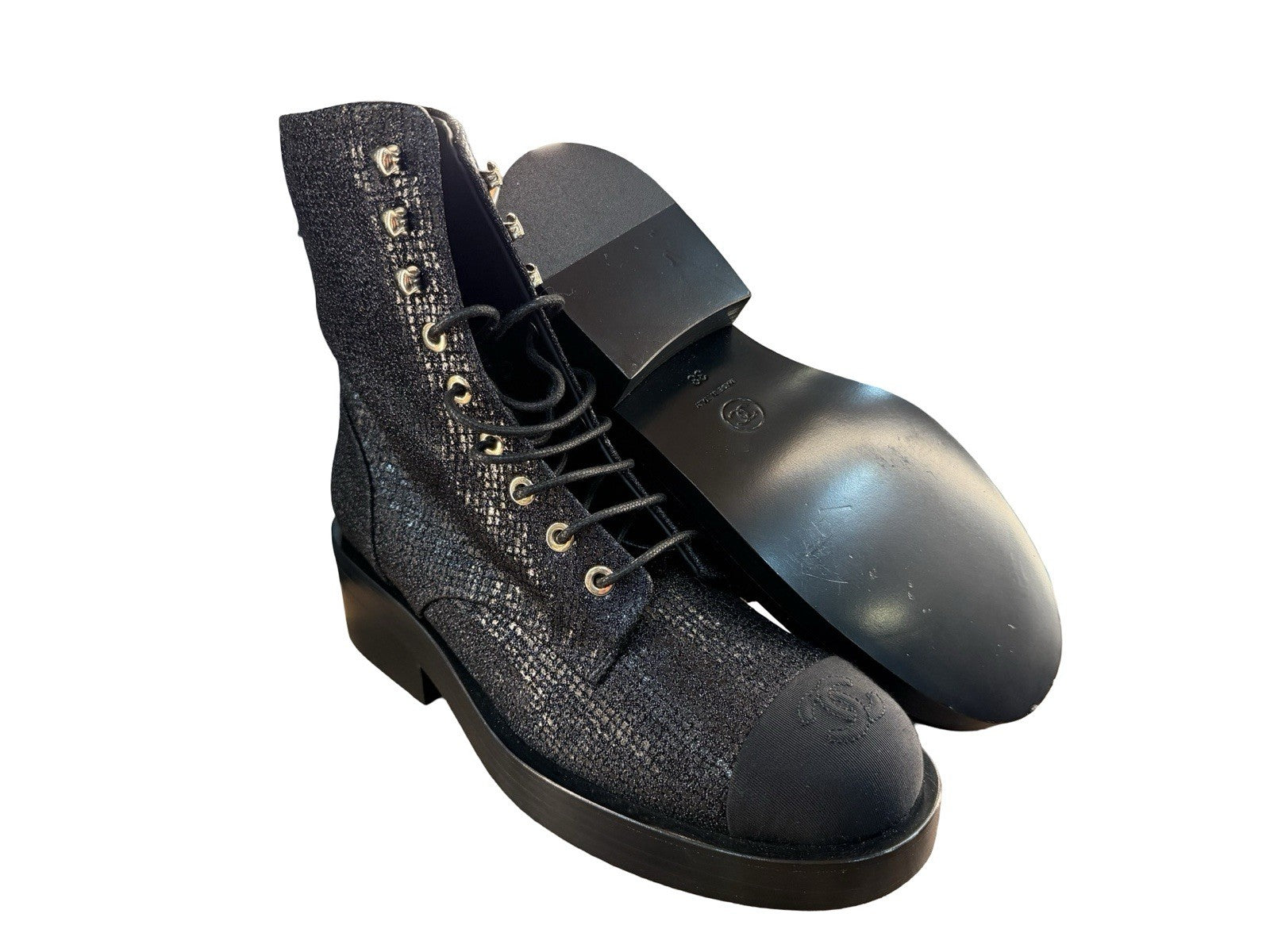 Chanel Women's CC Cap Toe Lace Up Combat Boots Fabric & Grosgrain Size 38 - US 8