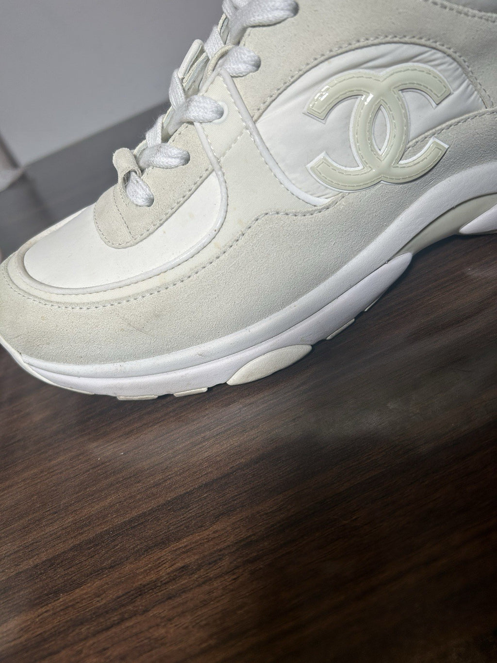 CHANEL Suede Calfskin Fabric CC Sneakers 42 White