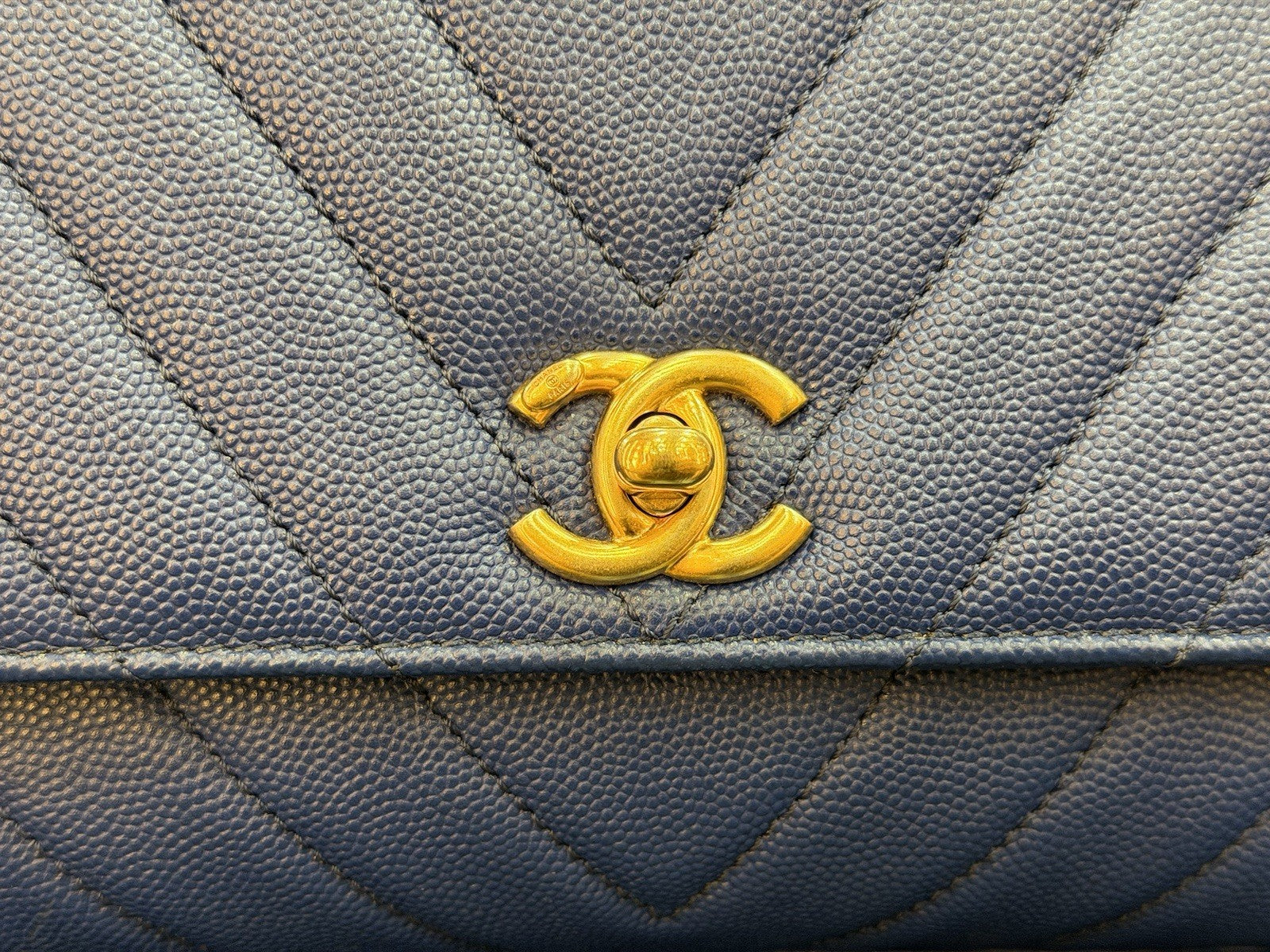 Chanel Caviar Chevron Quilted Mini Coco Top Handle Flap Bag Blue