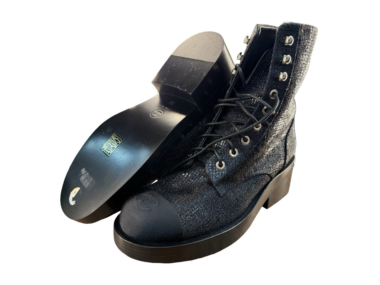 Chanel Women's CC Cap Toe Lace Up Combat Boots Fabric & Grosgrain Size 38 - US 8