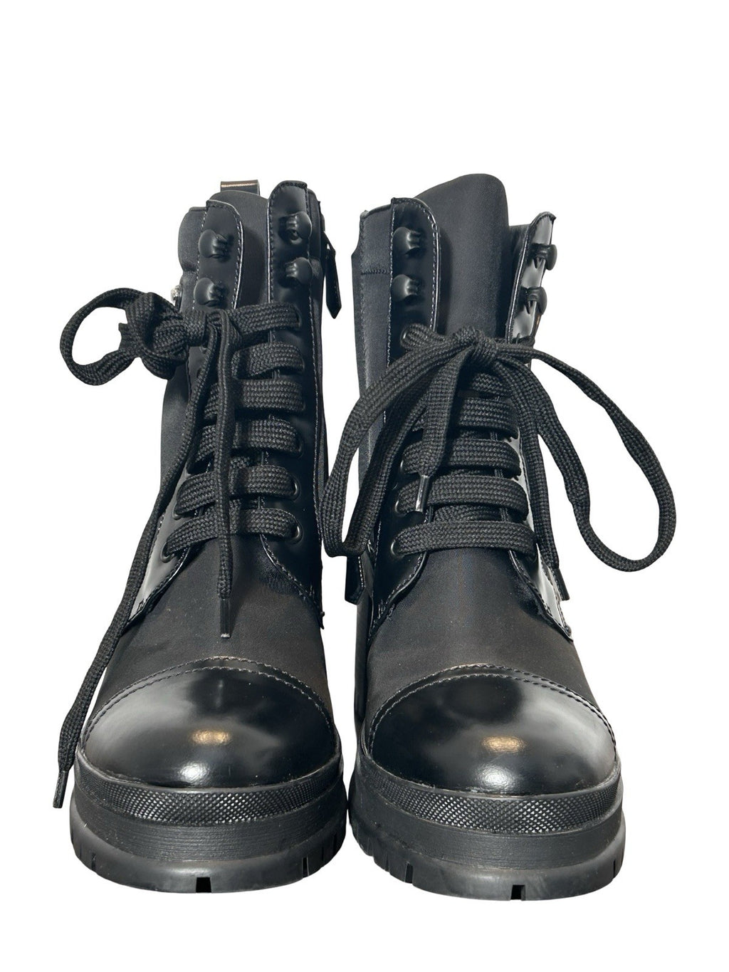 Prada Spazzolato Re-Nylon 2.5 Inch Heel Metal Triangle Logo Ankle Boots 37 Black
