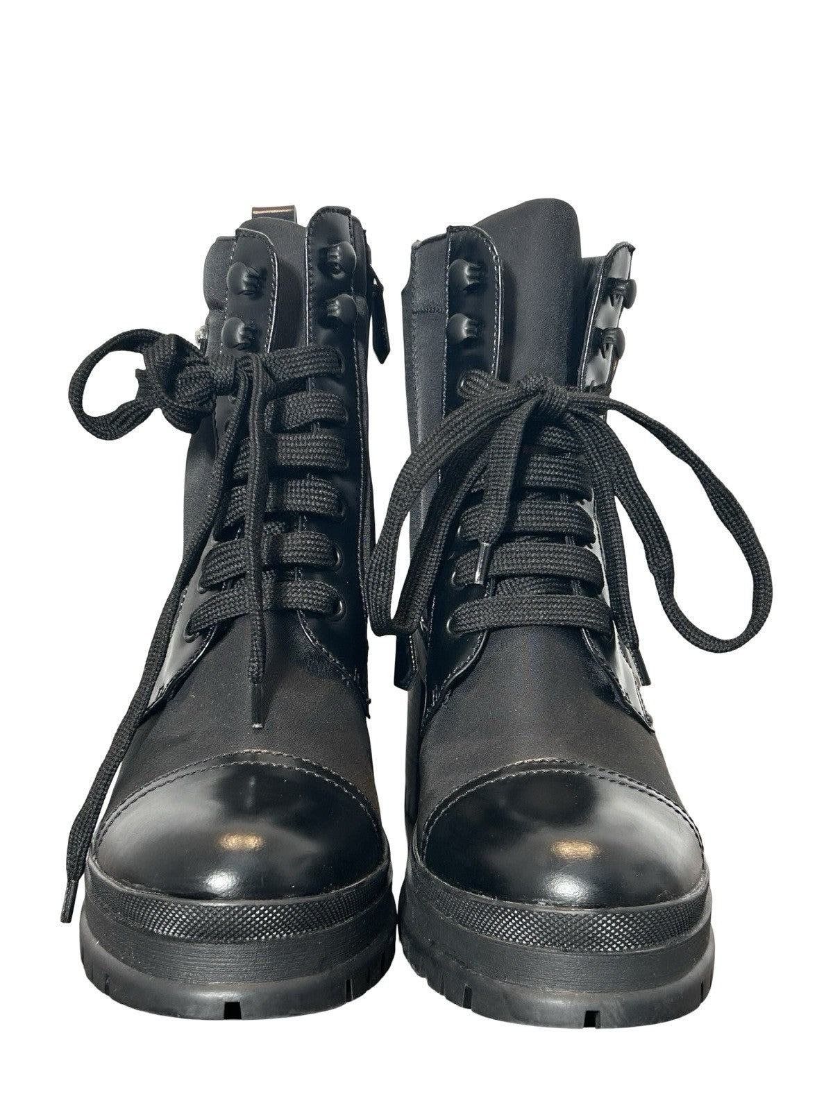 Prada Spazzolato Re-Nylon 2.5 Inch Heel Metal Triangle Logo Ankle Boots 37 Black