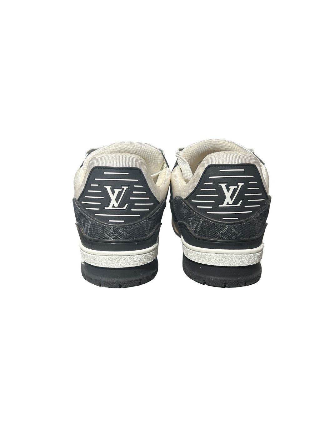 LOUIS VUITTON Calfskin Embossed Monogram Denim Mens LV Trainer Sneakers 