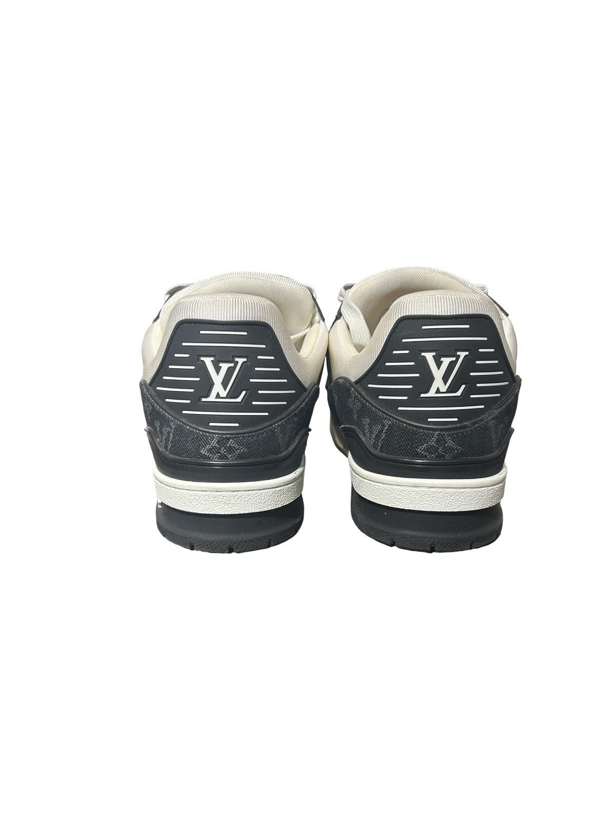 LOUIS VUITTON Calfskin Embossed Monogram Denim Mens LV Trainer Sneakers 