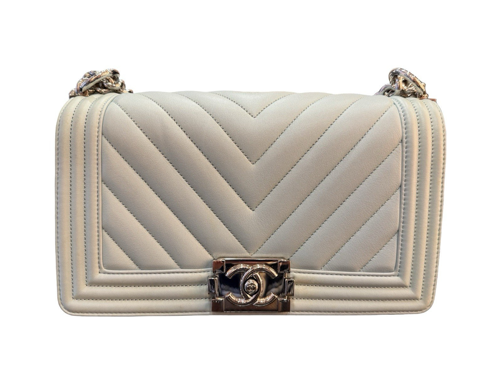 Chanel Boy Flap Bag Chevron Calfskin Old Medium Pastel Aqua