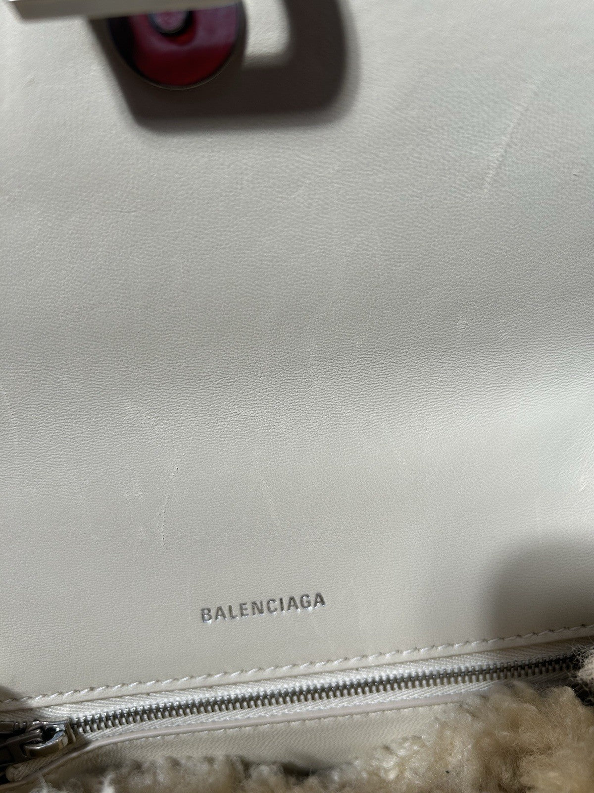 Balenciaga Curly Faux Shearling Small Hourglass Top Handle Bag Beige