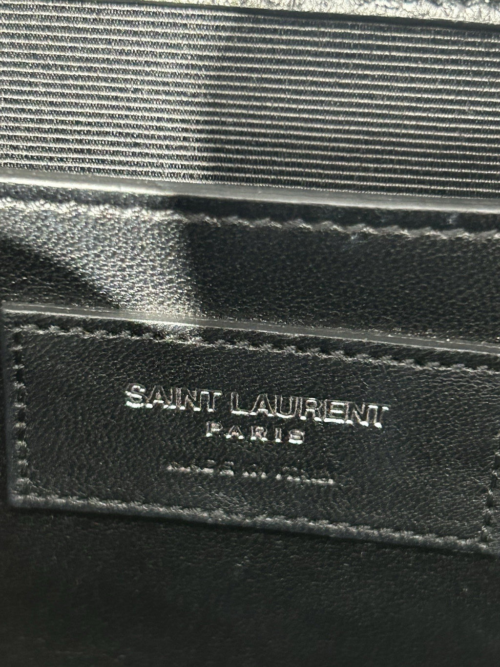 YSL Saint Laurent Calfskin Crocodile Embossed Monogram Tassel Clutch Kate Black