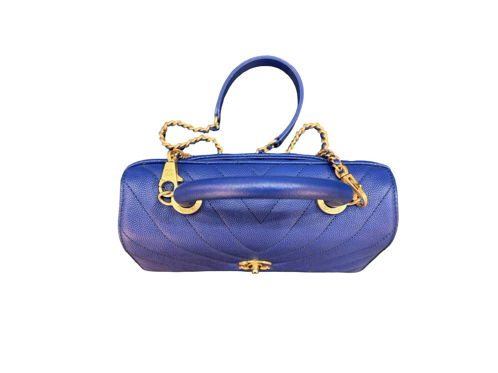 Chanel Caviar Chevron Quilted Mini Coco Top Handle Flap Bag Blue