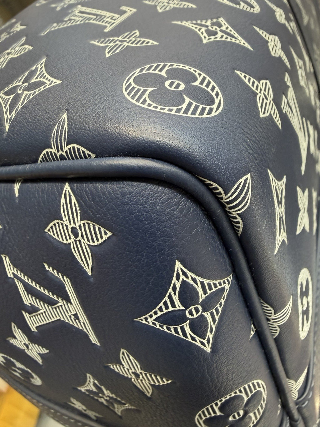 Louis Vuitton Calfskin Shadow Monogram Keepall Bandouliere 50 Ink Blue White