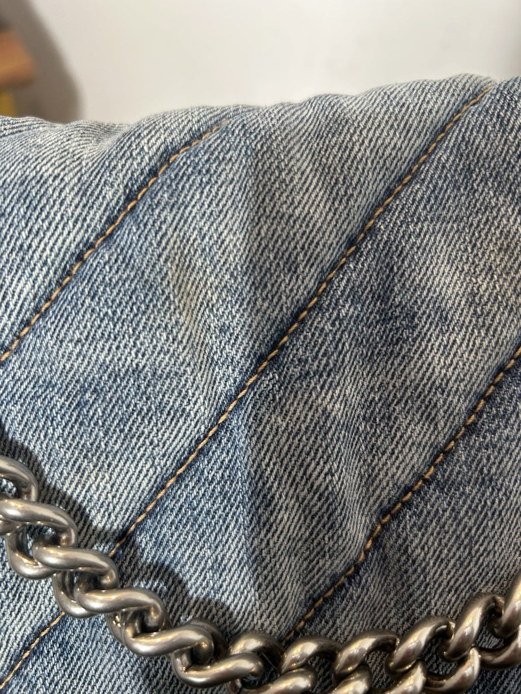 Balenciaga Denim Hourglass Medium Crush Chain Bag