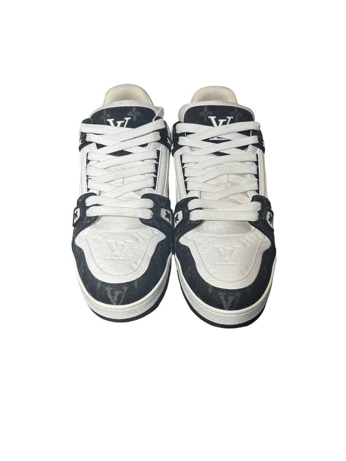LOUIS VUITTON Calfskin Embossed Monogram Denim Mens LV Trainer Sneakers 