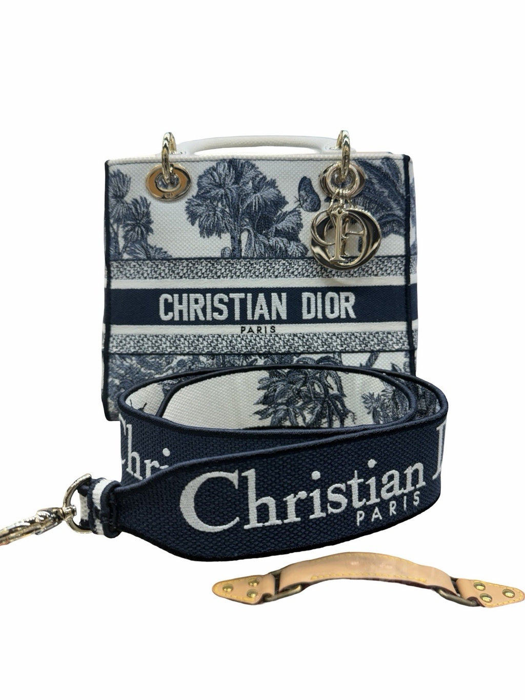 Dior Lady Dior Medium Blue/White Toile Jacquard Canvas Top Handle Bag w Strap