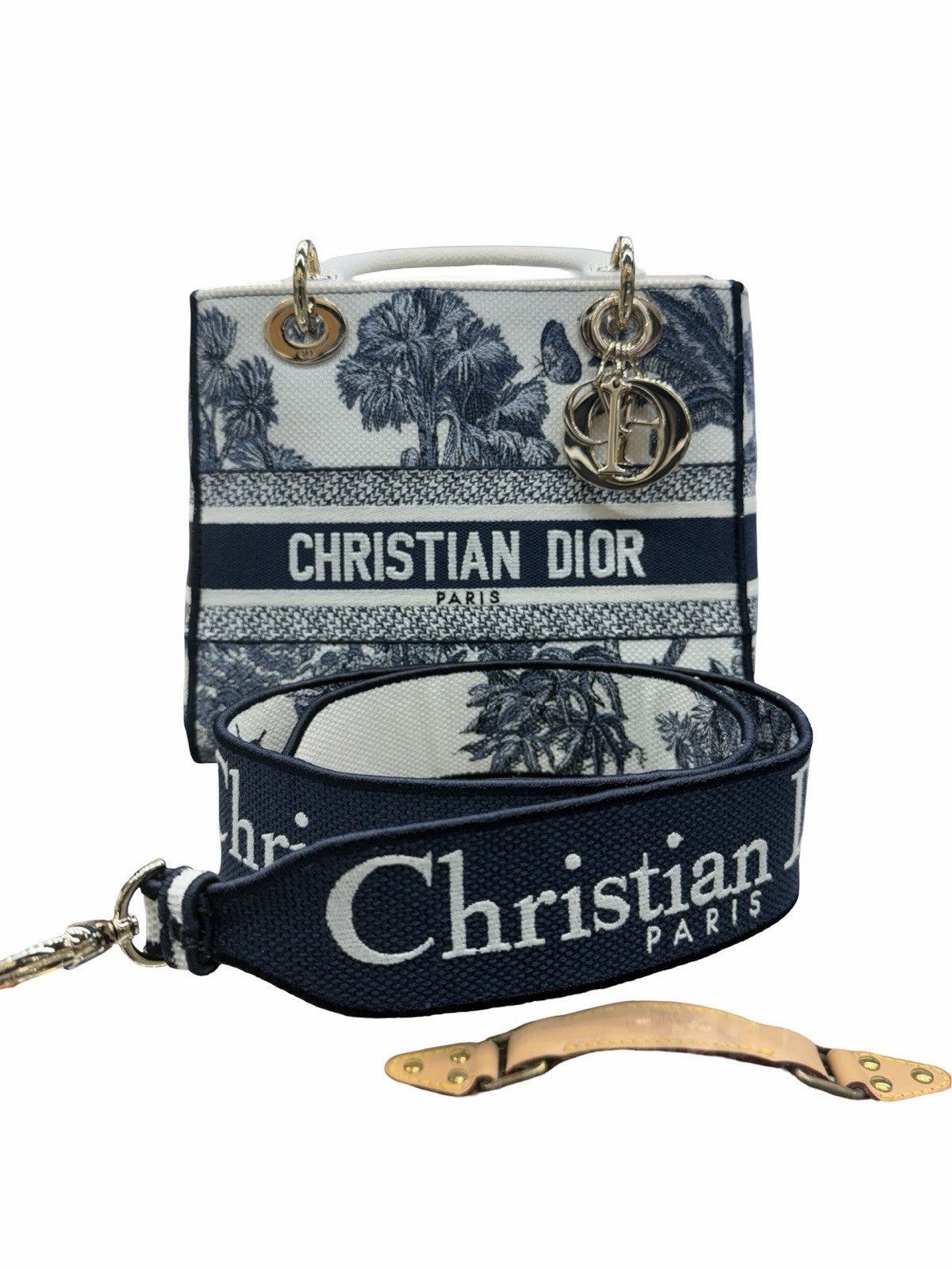 Dior Lady Dior Medium Blue/White Toile Jacquard Canvas Top Handle Bag w Strap