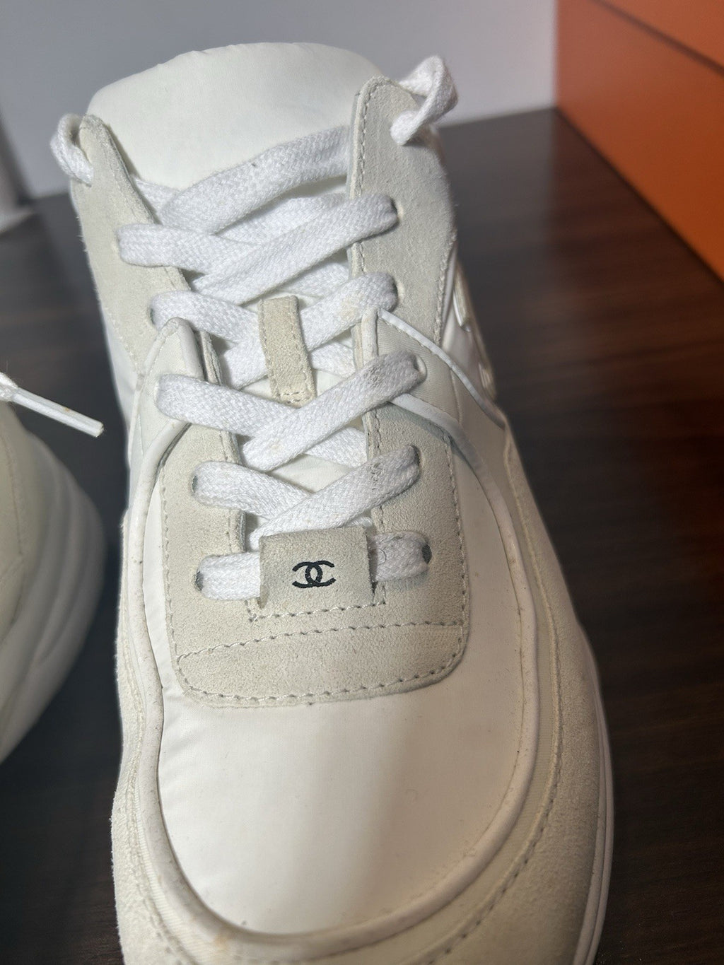 CHANEL Suede Calfskin Fabric CC Sneakers 42 White