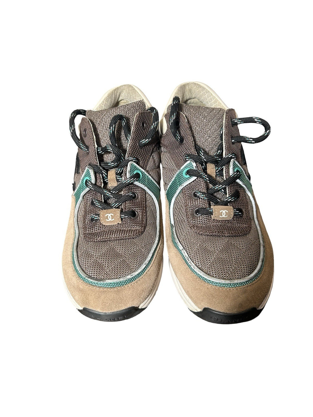 CHANEL Nylon Calfskin Suede Womens CC Sneakers 41 Brown Green