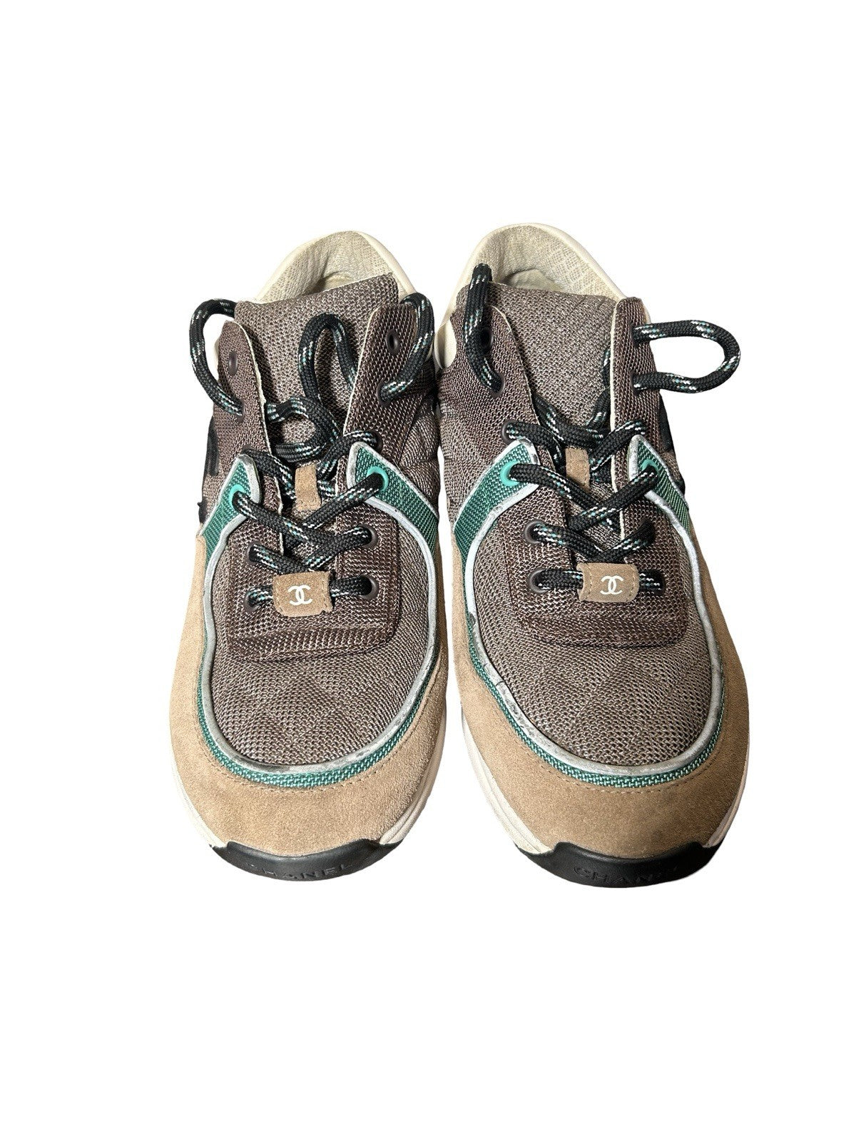CHANEL Nylon Calfskin Suede Womens CC Sneakers 41 Brown Green