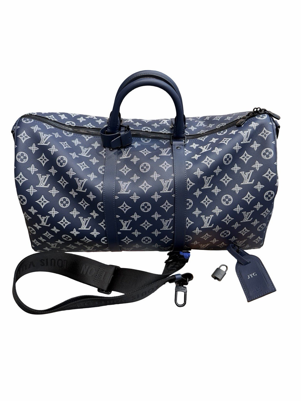Louis Vuitton Calfskin Shadow Monogram Keepall Bandouliere 50 Ink Blue White