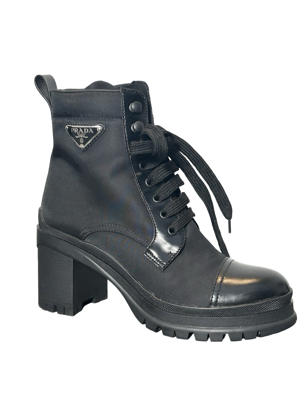 Prada Spazzolato Re-Nylon 2.5 Inch Heel Metal Triangle Logo Ankle Boots 37 Black