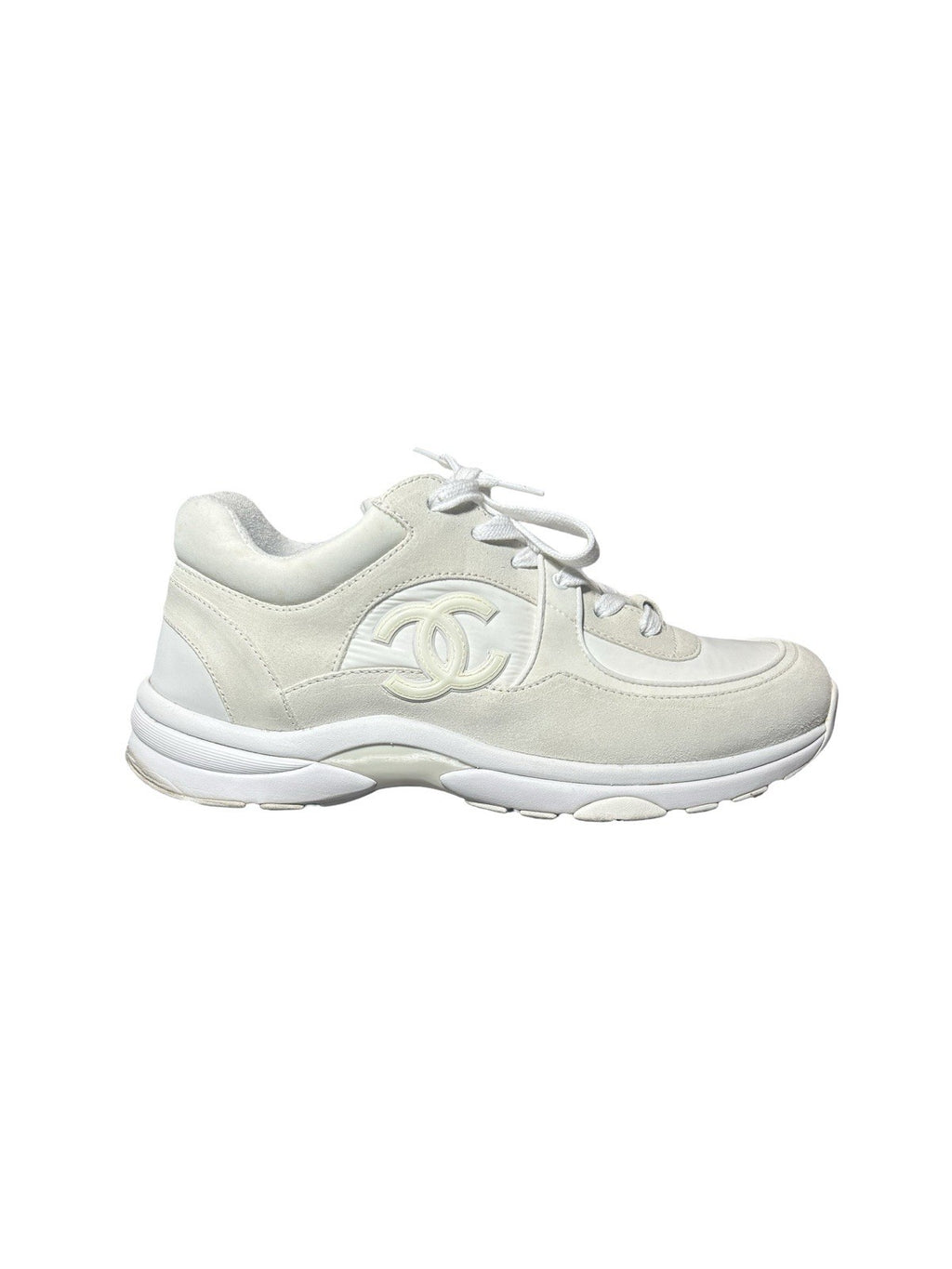 CHANEL Suede Calfskin Fabric CC Sneakers 42 White