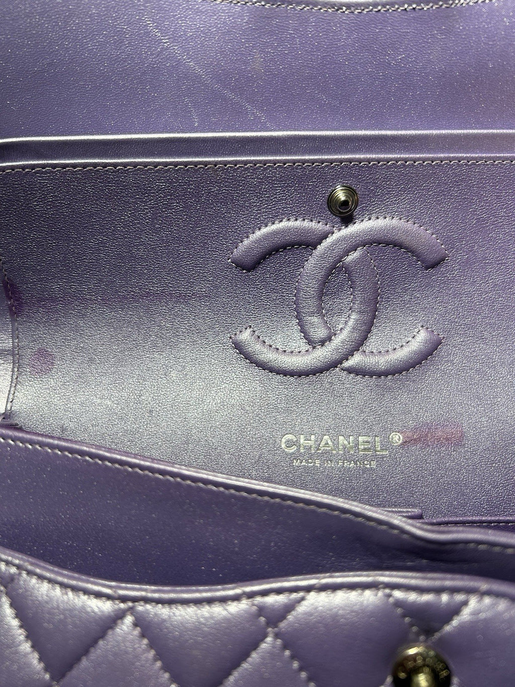 Chanel Metallic Quilted Lambskin Medium Double Flap Purple