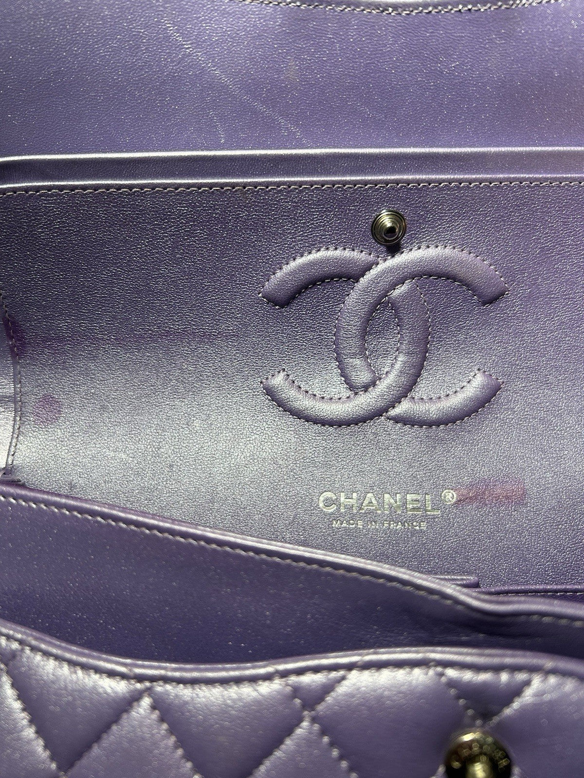 Chanel Metallic Quilted Lambskin Medium Double Flap Purple
