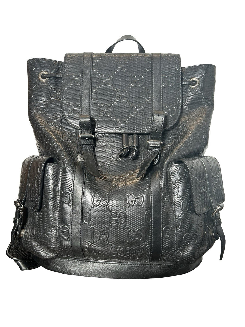 Gucci Double Buckle Backpack GG Embossed Perforated Leather Large