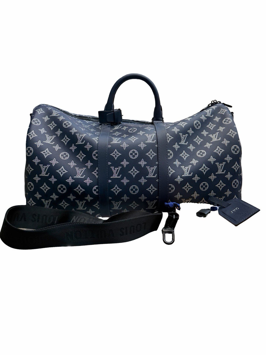 Louis Vuitton Calfskin Shadow Monogram Keepall Bandouliere 50 Ink Blue White