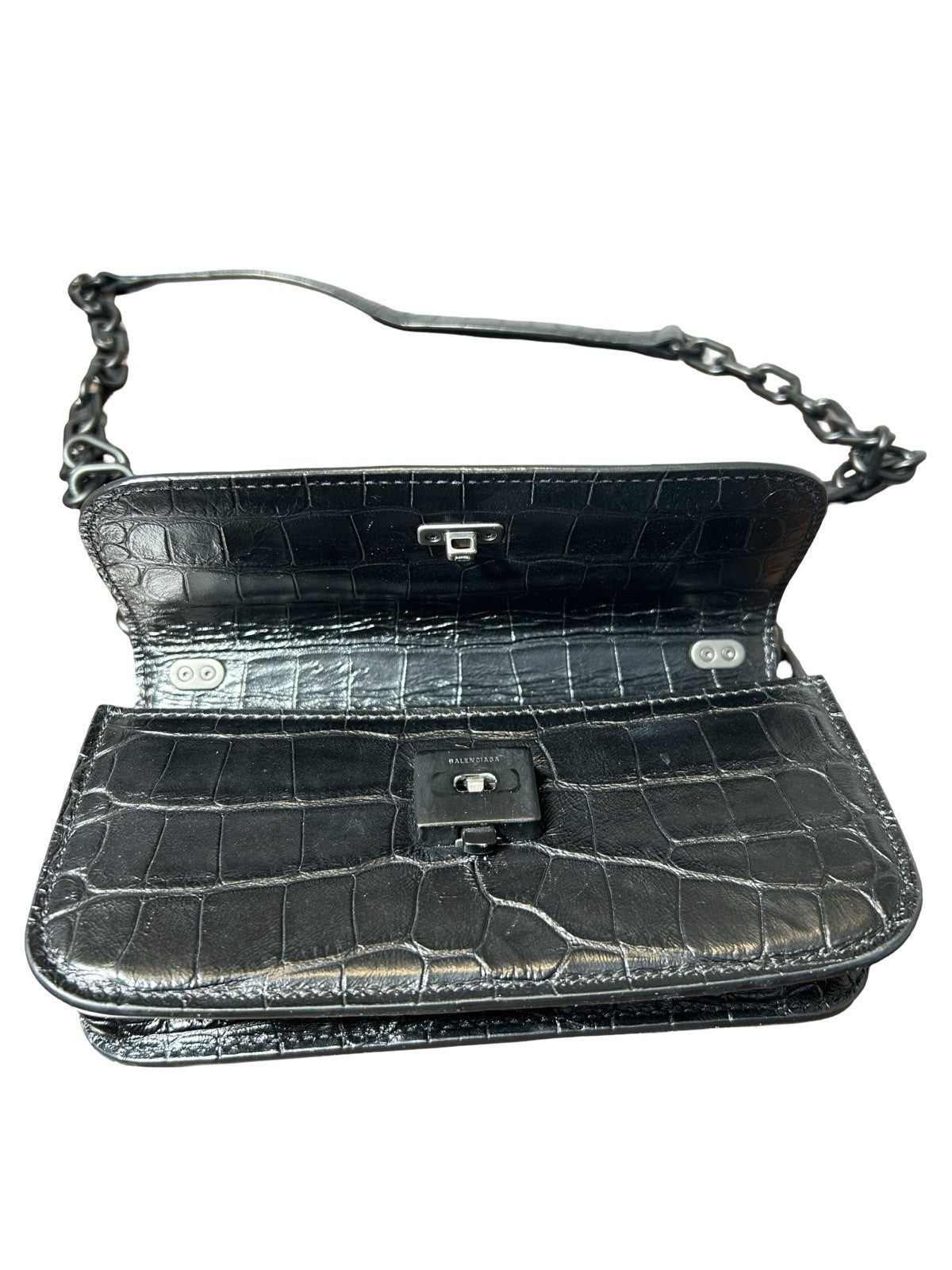 Balenciaga Extra Supple Calfskin Monochrome Crocodile Embossed Gossip Chain Bag