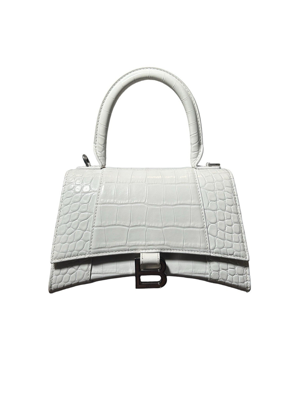 Hourglass Top Handle Bag Crocodile Embossed Leather Small White