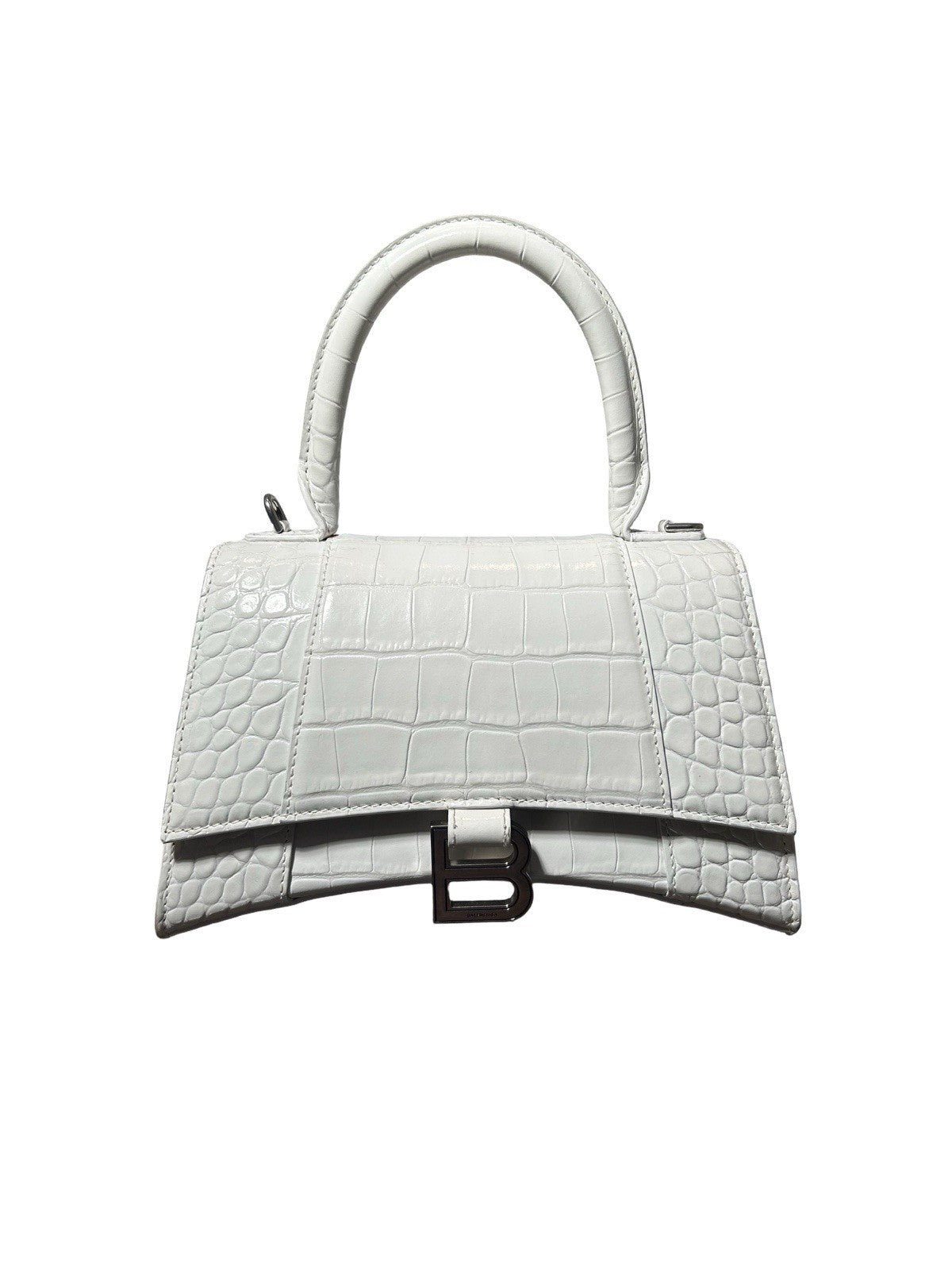 Hourglass Top Handle Bag Crocodile Embossed Leather Small White