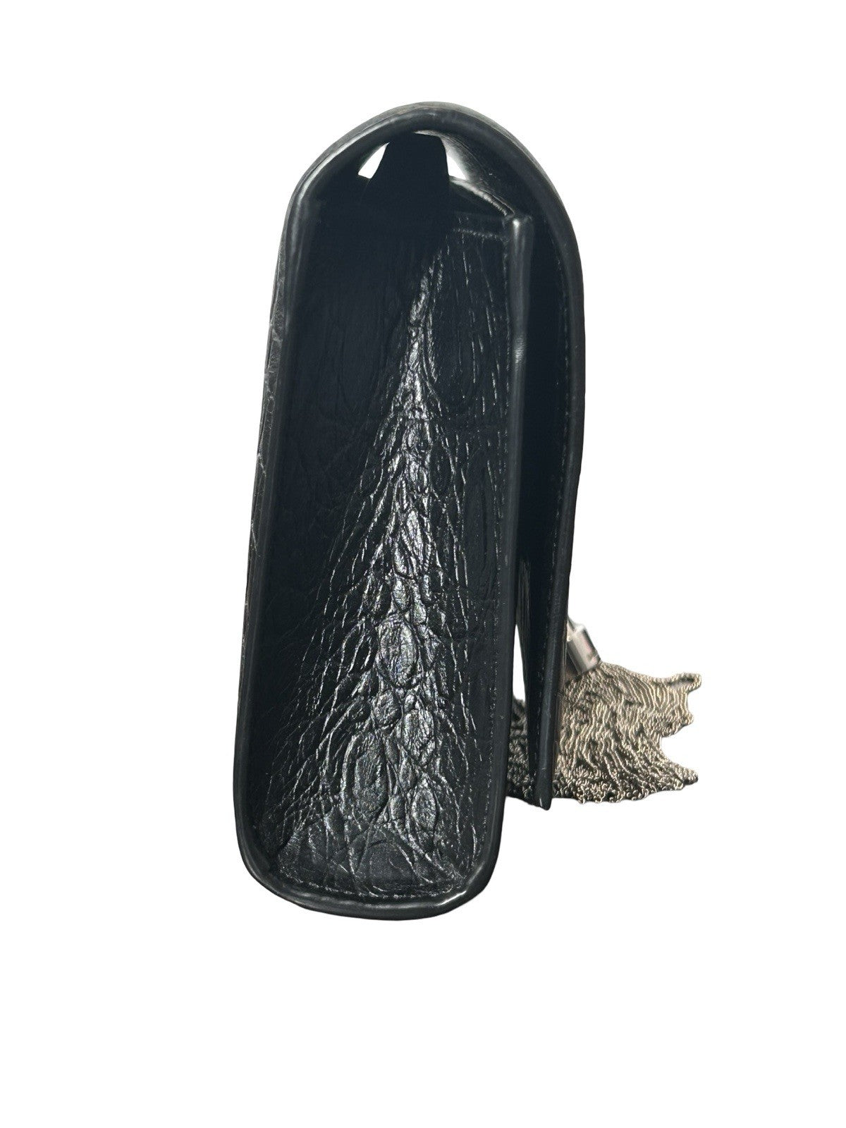 YSL Saint Laurent Calfskin Crocodile Embossed Monogram Tassel Clutch Kate Black