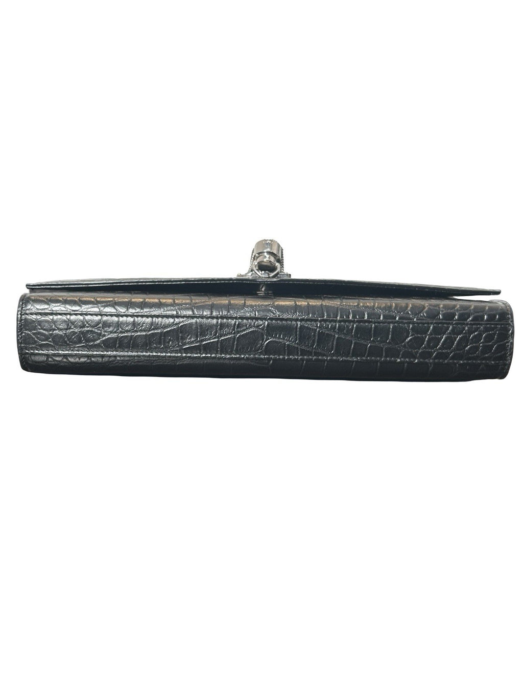YSL Saint Laurent Calfskin Crocodile Embossed Monogram Tassel Clutch Kate Black