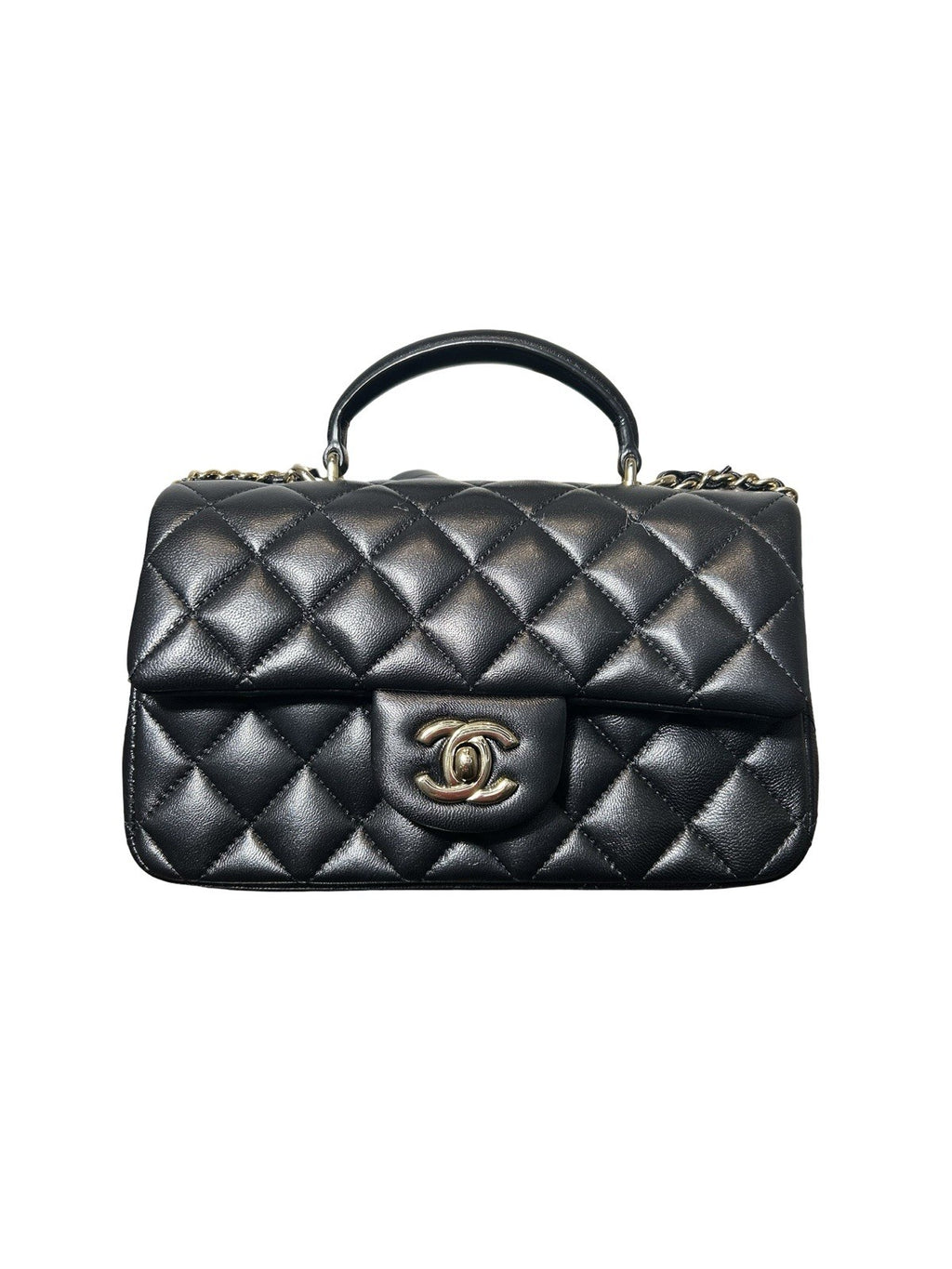 Chanel Lambskin Quilted Mini Top Handle Rectangular Flap Black