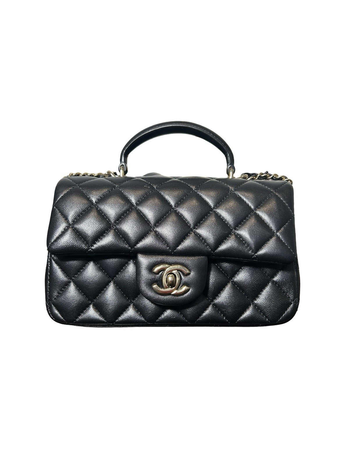 Chanel Lambskin Quilted Mini Top Handle Rectangular Flap Black
