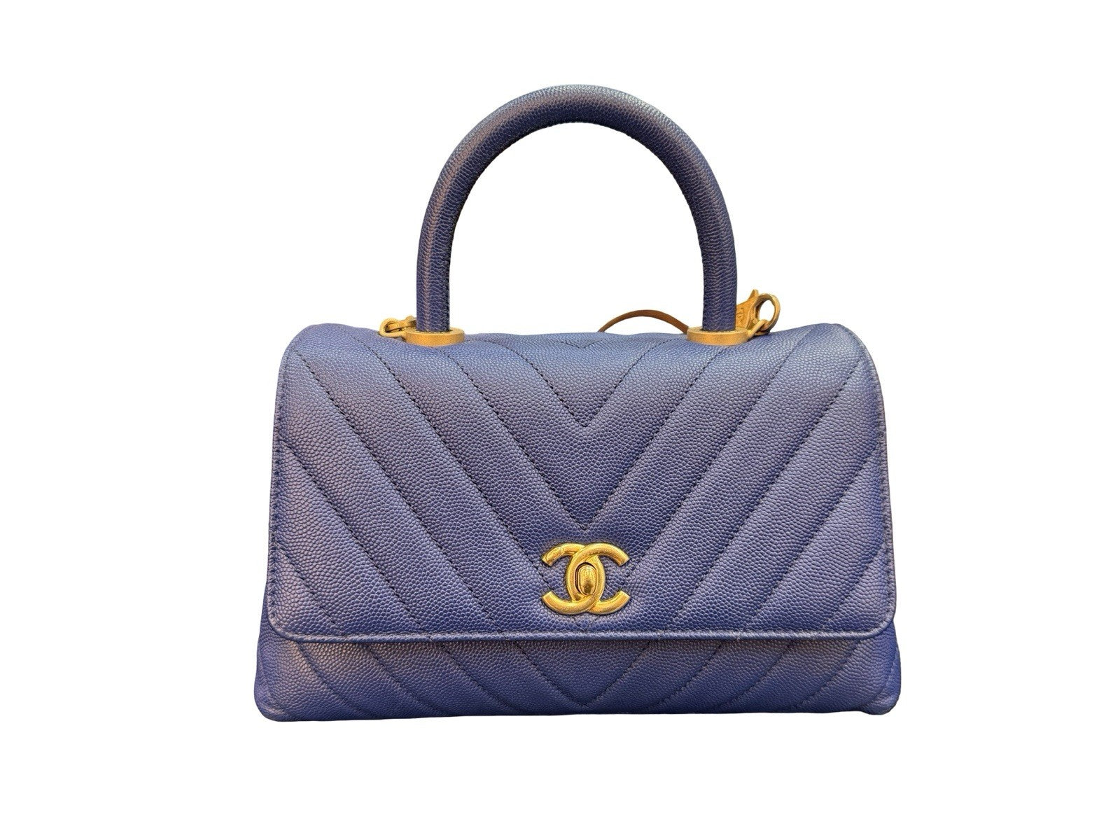 Chanel Caviar Chevron Quilted Mini Coco Top Handle Flap Bag Blue