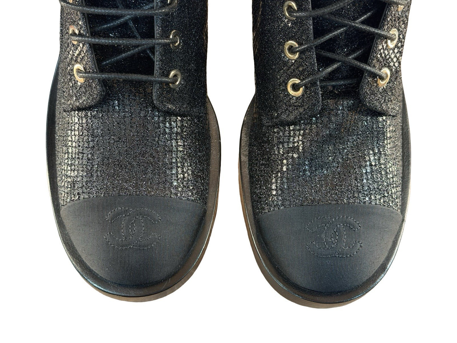 Chanel Women's CC Cap Toe Lace Up Combat Boots Fabric & Grosgrain Size 38 - US 8