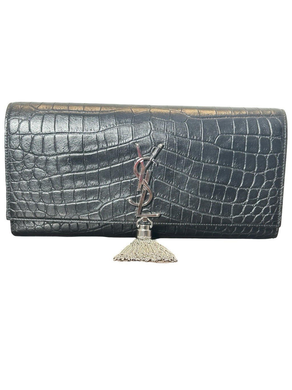 YSL Saint Laurent Calfskin Crocodile Embossed Monogram Tassel Clutch Kate Black