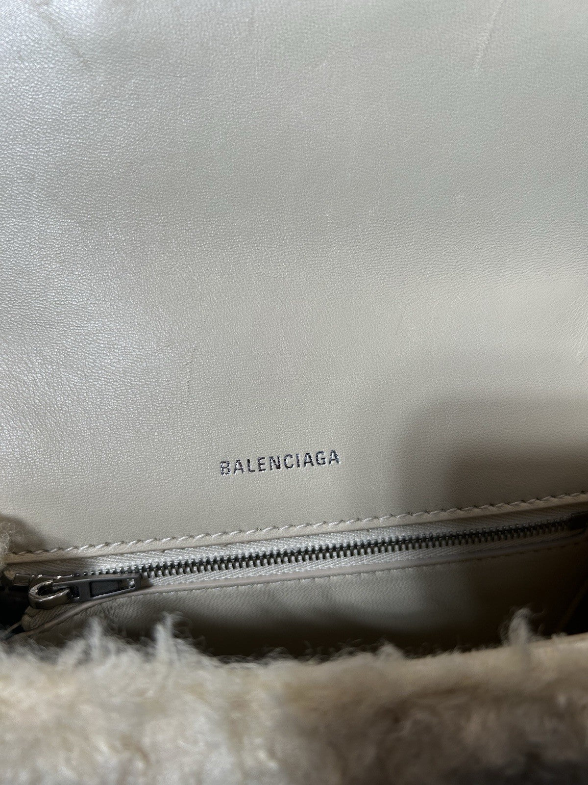 Balenciaga Curly Faux Shearling Small Hourglass Top Handle Bag Beige