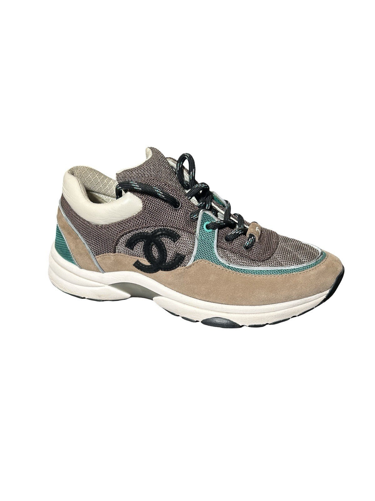 CHANEL Nylon Calfskin Suede Womens CC Sneakers 41 Brown Green