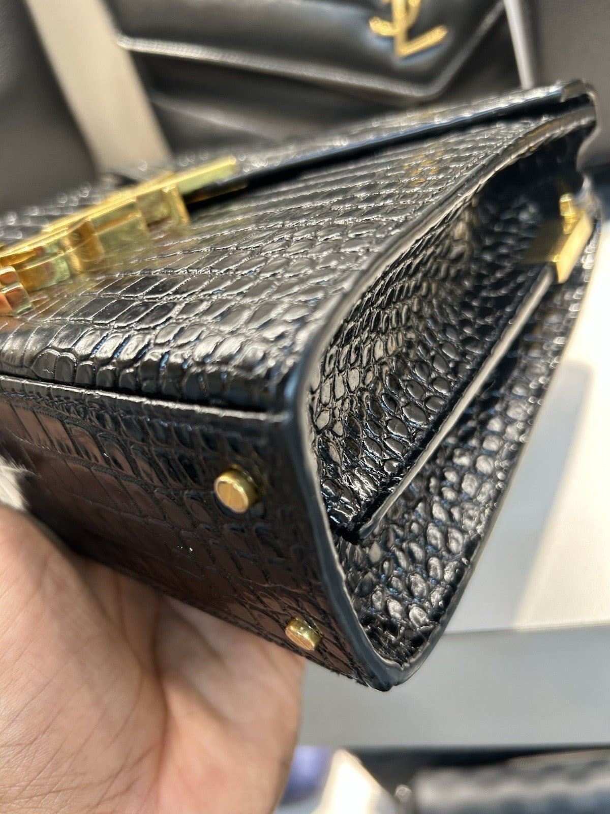 Saint Laurent YSL Cassandra Mini Top Handle Crocodile Leather Handbag