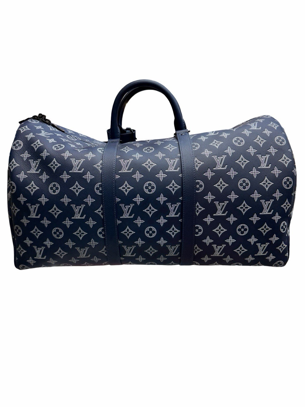 Louis Vuitton Calfskin Shadow Monogram Keepall Bandouliere 50 Ink Blue White