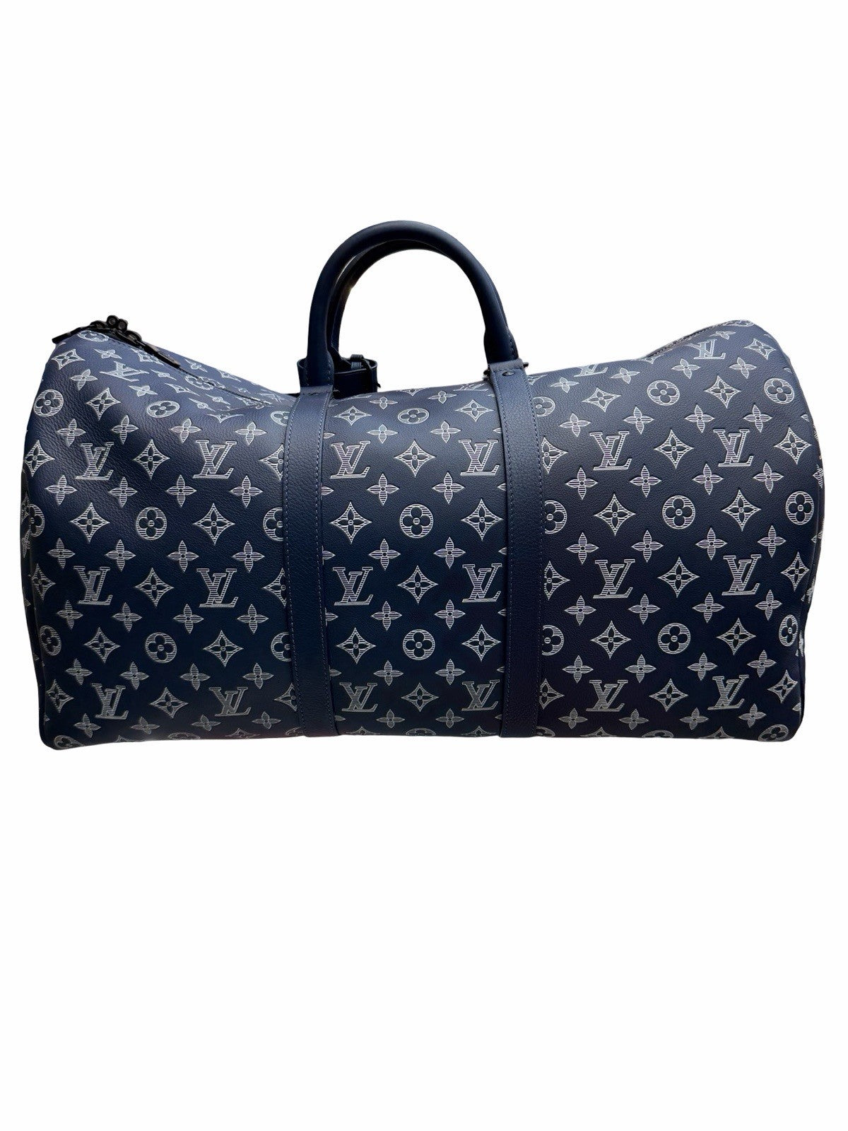 Louis Vuitton Calfskin Shadow Monogram Keepall Bandouliere 50 Ink Blue White