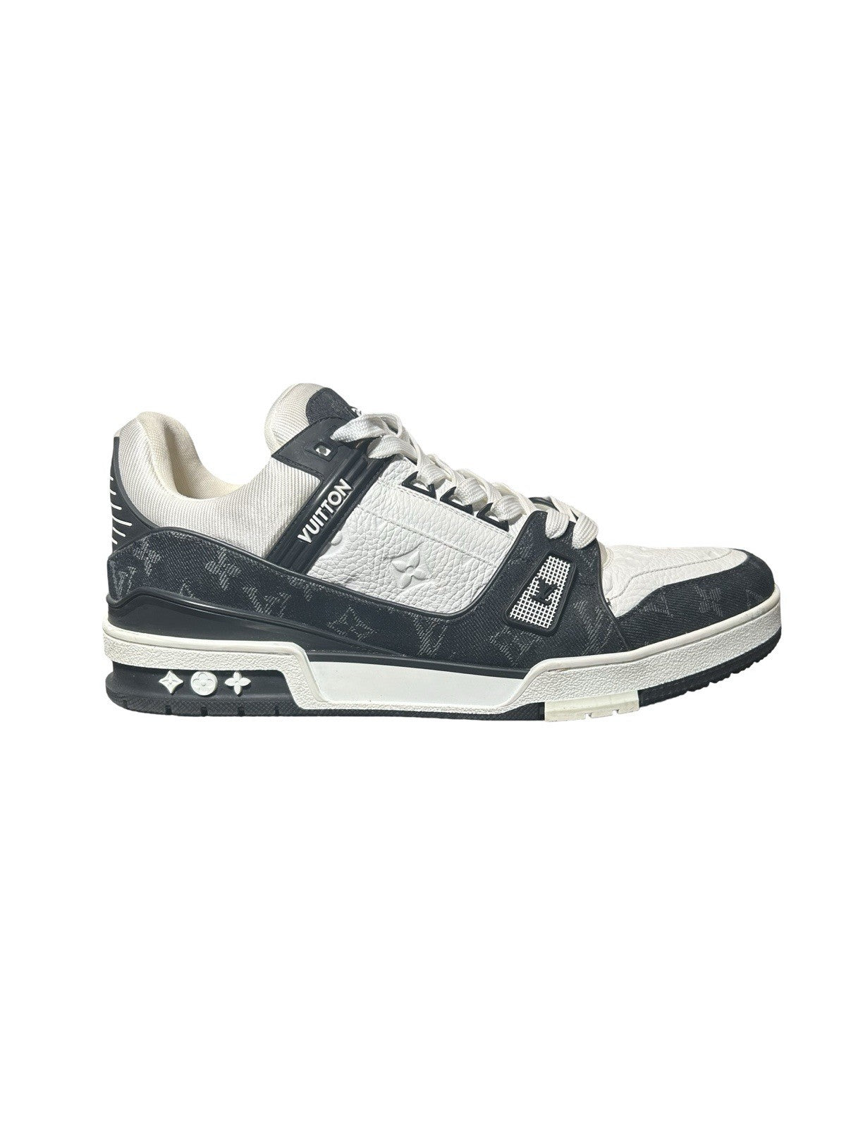 LOUIS VUITTON Calfskin Embossed Monogram Denim Mens LV Trainer Sneakers 